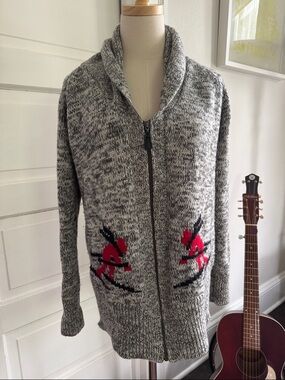 Vintage Gray Marled Zip-Front Cardigan with Red Ski Motif